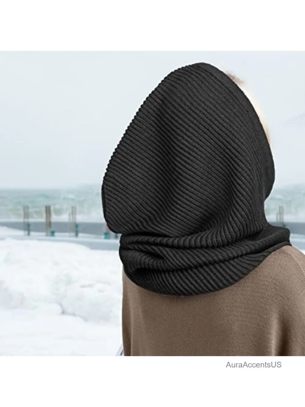 AQOKKA Knit Balaclava Hooded Scarf Hat Unisex Winter Drawstring Beanie